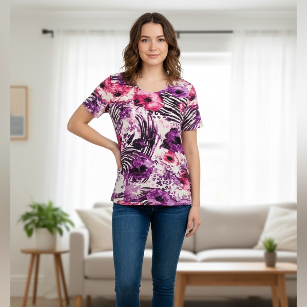 Unity World Wear Floral Short Sleeve Top - Pink and Purple.